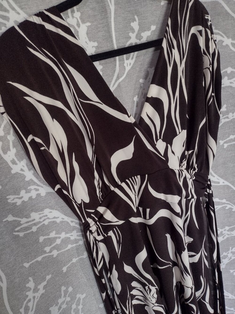 Le Chateau Chocolate and Cream Floral Dress with Waist Tie